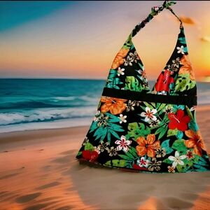 Tankini Top Bra Size 32D Black Floral Tropical Top